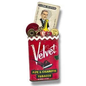 Colonel Mustard Assemblage Art Piece - Fathers Day Velvet Tobacco Tin